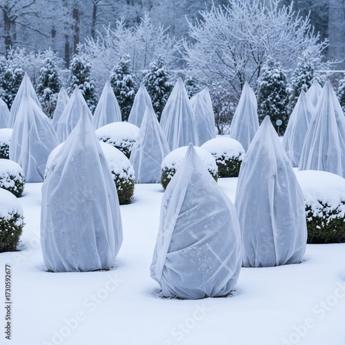 Protection of young fir and spruce trees from sunburn during winter with white fabric covers