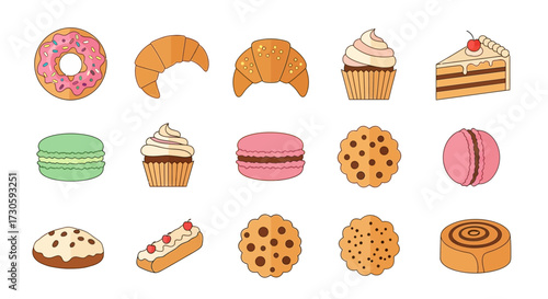 Collection of Sweet Treats - Donuts, Croissants, Cupcakes, Macarons, Cookies, and Cake.