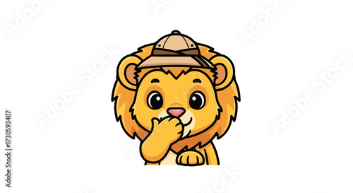 Adorable cartoon lion wearing safari hat expressing thought with paw to mouth