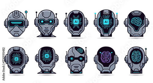 Collection of Twelve Futuristic Robot Heads with Circuitry and Brain Designs.