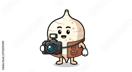 Adorable jicama character enjoying photography with cute outfit and friendly facial expression
