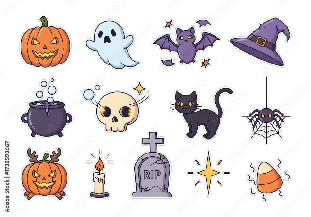 Obraz premium Halloween cartoon icons set with pumpkin ghost bat witch hat cat spider skull cauldron image