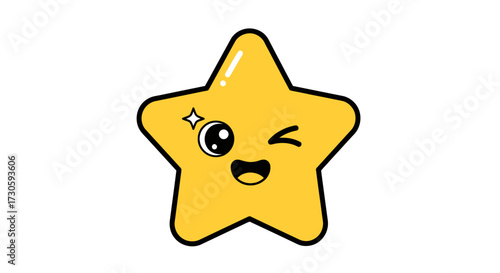 Adorable yellow star character winking with gleaming eyes and playful smiling face on white backdrop