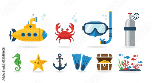 Collection of Yellow Submarine, Red Crab, Snorkel Mask, and Scuba Tank.