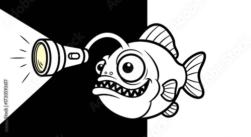 Anglerfish cartoon character with glowing lure in black and white illustration