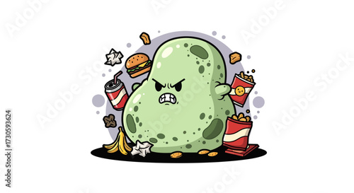 Angry blob monster surrounded by unhealthy fast food choices representing obesity