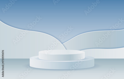 A round white 3D podium against a background of blue snowdrifts, cut-out paper style. A banner with an empty podium for your design. Winter advertising poster.