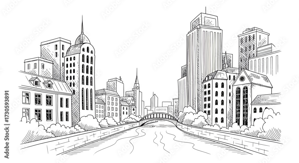 Fototapeta premium Architectural cityscape drawing with river running through the urban center perspective view