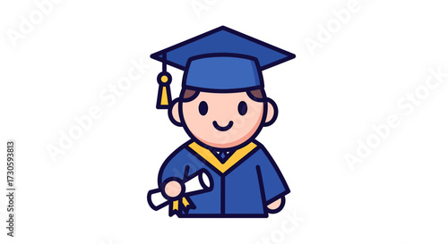 Animated graduation celebrant donning cap and gown clutching certification scroll artwork