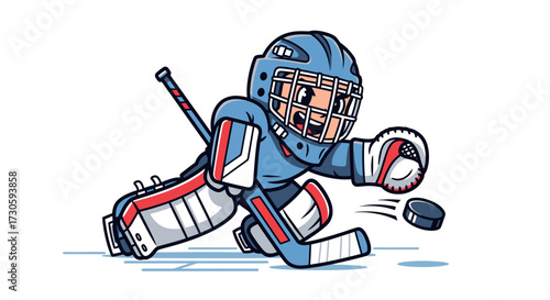 Animated hockey goalie in action, displaying agility and readiness to block pucks during intense