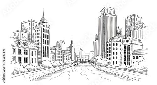Architectural cityscape drawing with river running through the urban center perspective view