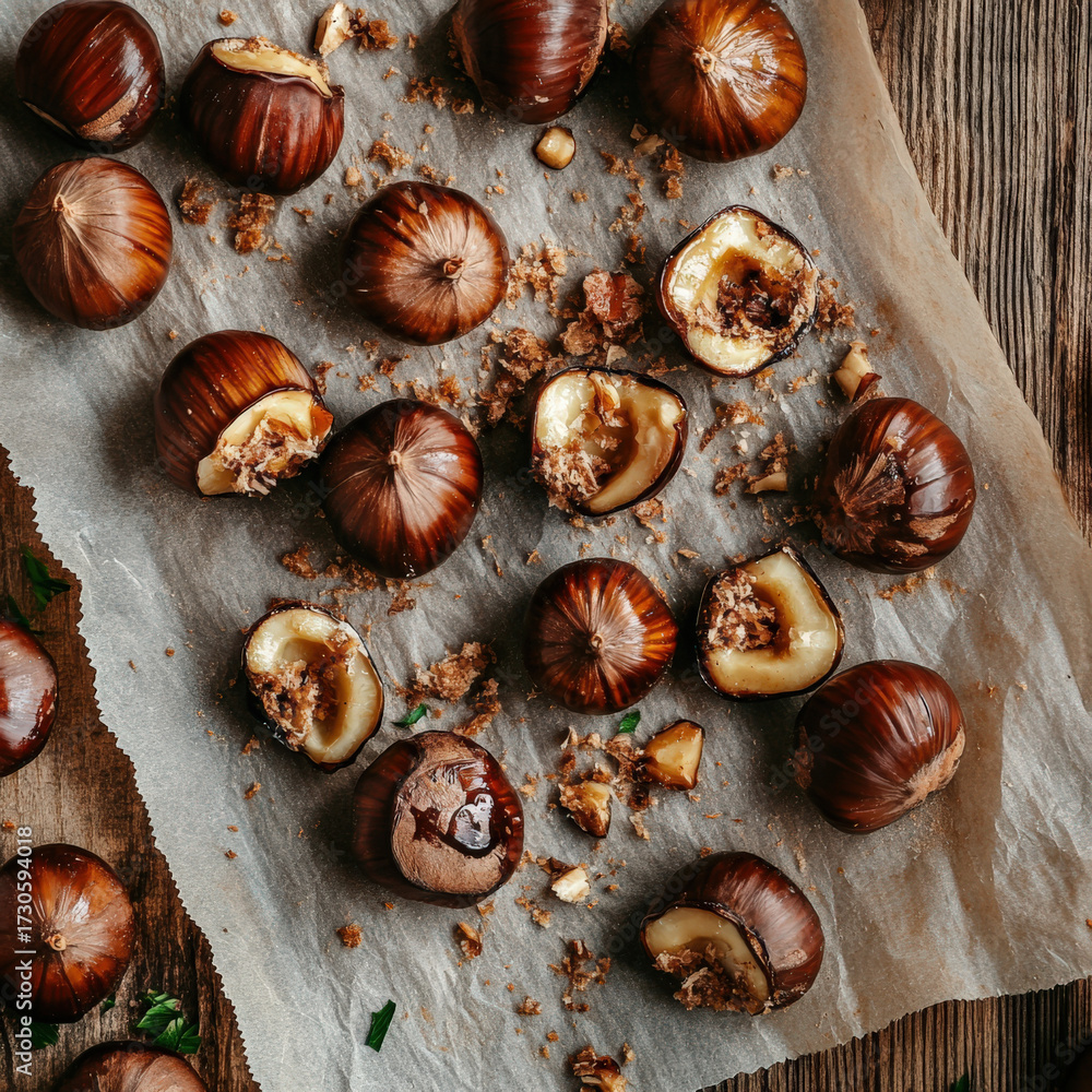 Obraz premium Roasted chestnuts on parchment paper over rustic wooden table