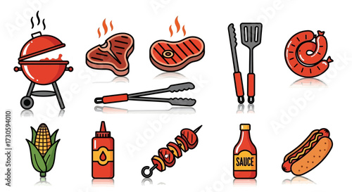 Colorful BBQ Icons - Grill, Steak, Sausage, Corn, Skewer, Utensils, and Condiments.