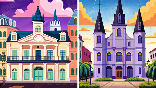 New Orleans French Quarter, historic streets Simple cartoon design Flat style vector illustration