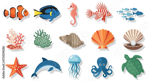 Colorful Cartoon Collection of Ocean Creatures and Coral.