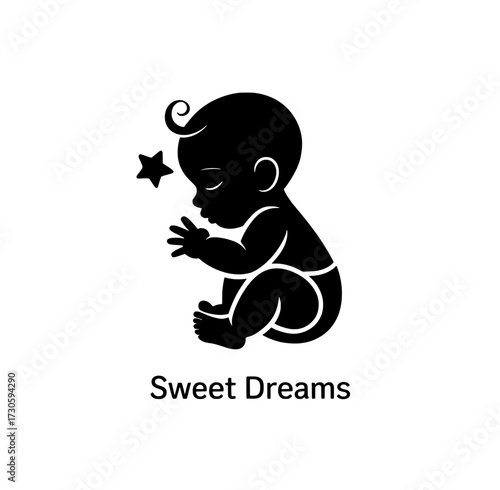 Stylized silhouette of a baby reaching for a star with the words sweet dreams isolated on white background isolated on transparent background