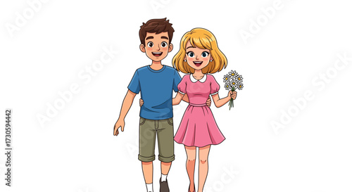 Cartoon illustration of a charming couple stroll holding flowers on a delightful afternoon