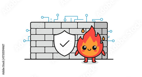Cartoon fire character protecting brick wall with shield concept for internet security
