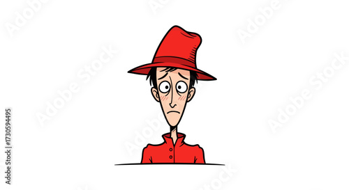 Cartoon illustration featuring a perplexed man in a vibrant red outfit and hat