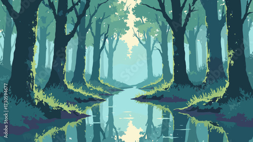 Swampy cypress forest with knees and moss-draped branches reflected in still water, no people