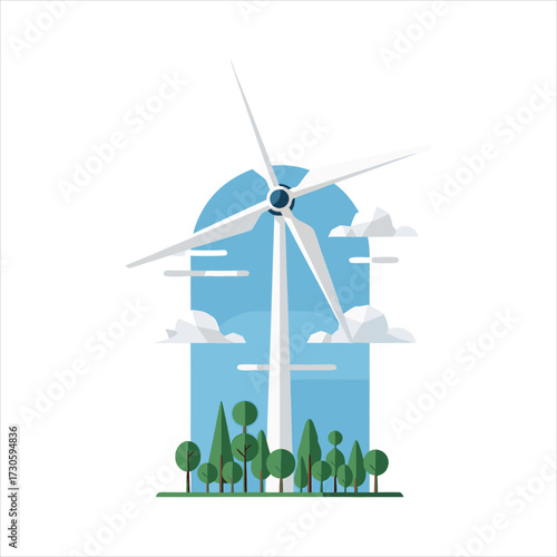 Wind turbine energy renewable power green electricity farm, flat design vector illustration