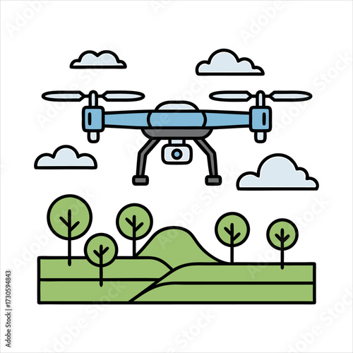 Drone camera aerial technology flight sky landscape, flat design vector illustration