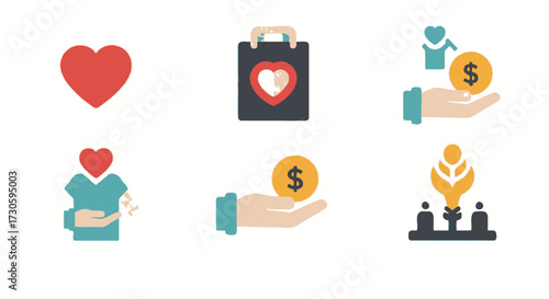 Colorful flat design charity and donation icon set featuring hearts, hands, money, and community support.