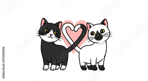 Charming feline affection and devotion depicted by adorable cartoon cats tail forming a romantic