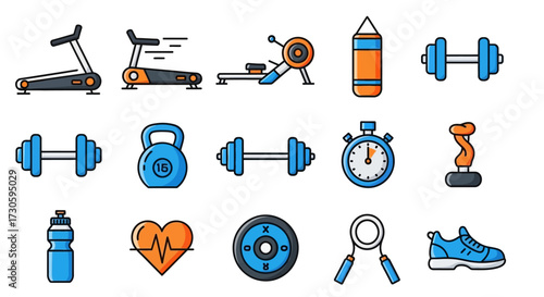 Colorful Fitness Equipment Icons - Treadmill, Dumbbells, and More.