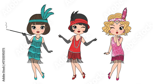 Charming flapper girls illustration exuding vintage elegance and whimsical cartoon aesthetic