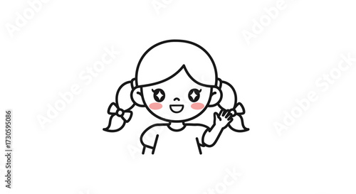 Charming line art depiction of a cheerful young girl waving hello with rosy cheeks