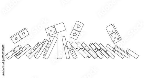 Charming monochrome domino cascade, featuring playful expressions and whimsical decorative elements