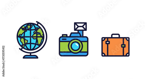 Colorful travel and vacation icon set with a globe, camera with flash, and suitcase, in a flat line art style.