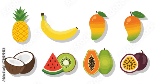 Colorful tropical fruit collection - pineapple, banana, mango, coconut, watermelon, kiwi, papaya, guava, passion fruit.