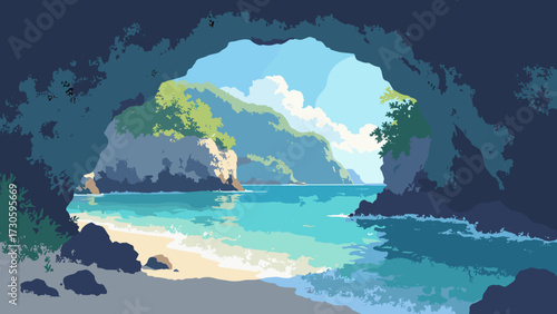 Tropical limestone cave opening onto a bright turquoise bay, no people