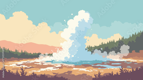 Geyser field erupting plumes of steam surrounded by barren mineral ground, no people