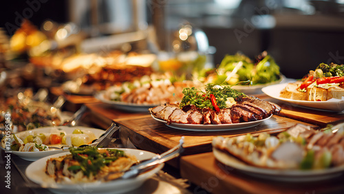 Gourmet Buffet Display: Sliced Roasted Meat Platter with Fresh Herbs and Chili, Warm Bokeh Lighting