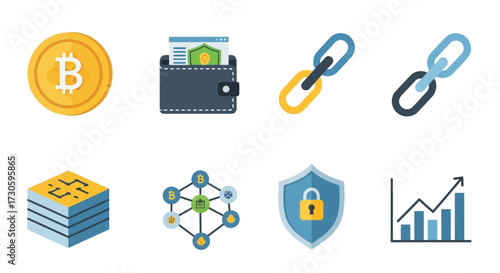 Cryptocurrency and Blockchain Icons - Bitcoin, Wallet, Chain, Network, Security, Graph.