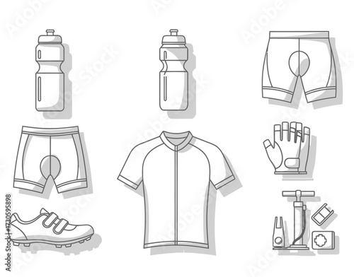 Cycling Gear Outline - Water Bottles, Shorts, Jersey, Gloves, Shoe, Pump.
