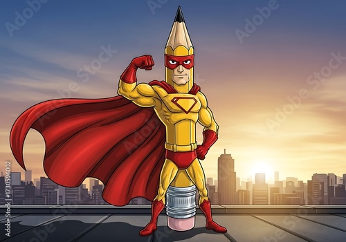 Pencil Superhero on Rooftop.