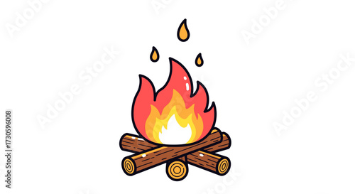 Cheerful campfire cartoon illustration featuring logs and vibrant flickering flames