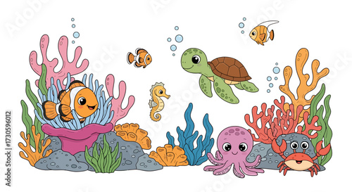 Charming Underwater World Cartoon Scene Featuring Adorable Sea Creatures and Vibrant Coral