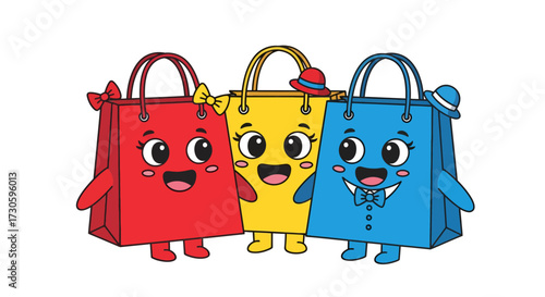Cheerful cartoon shopping bags with fun facial expressions showing retail happiness
