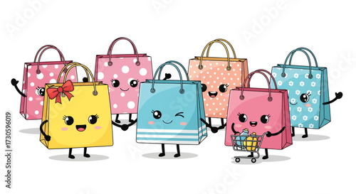 Cheerful cartoon shopping bags with kawaii faces and colorful designs for children's illustration