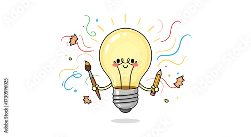 Cheerful illustration of lightbulb character radiating creative energy and artistic brilliance