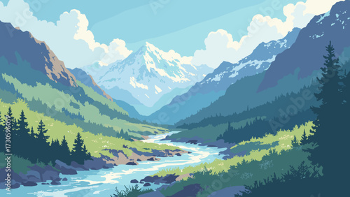 Lush valley floor with braided silver rivers and steep glacial walls, no people
