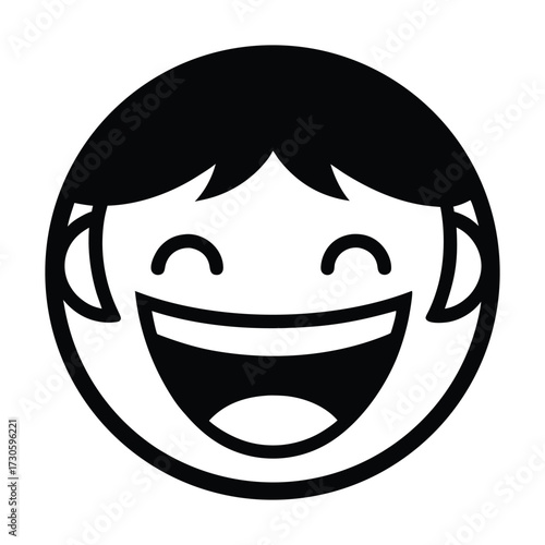 Black and white cartoon face laughing with open mouth and closed eyes happy