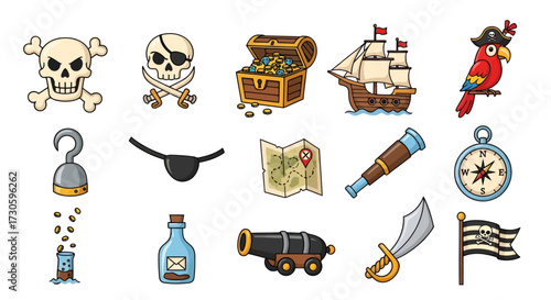 Collection of colorful and cartoonish pirate themed icons isolated on a white backdrop