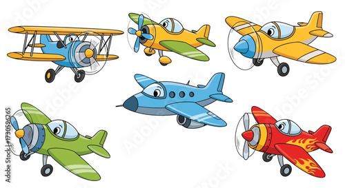 Collection of vibrant cartoon airplanes with playful expressions taking to the skies