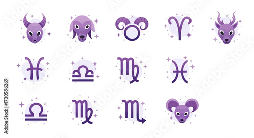 Collection of zodiac signs in purple pastel colors, presented as vector illustrations minimal design